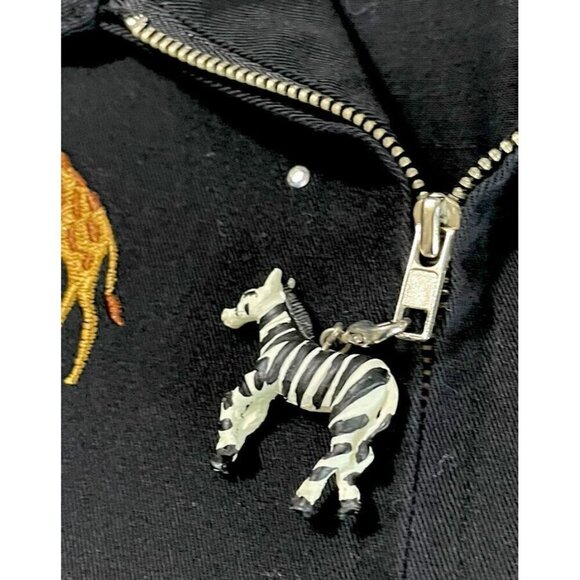 Quacker Factory Jacket Black Embroidered Jungle Animals Palm Trees Zip Up Casual - Picture 12 of 15